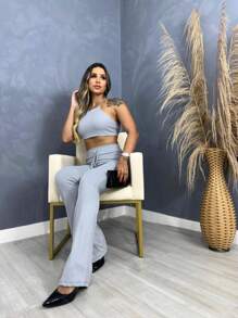Women's Set Flare Pants And Cropped Ribbed Fabric - Xám - Xem 2