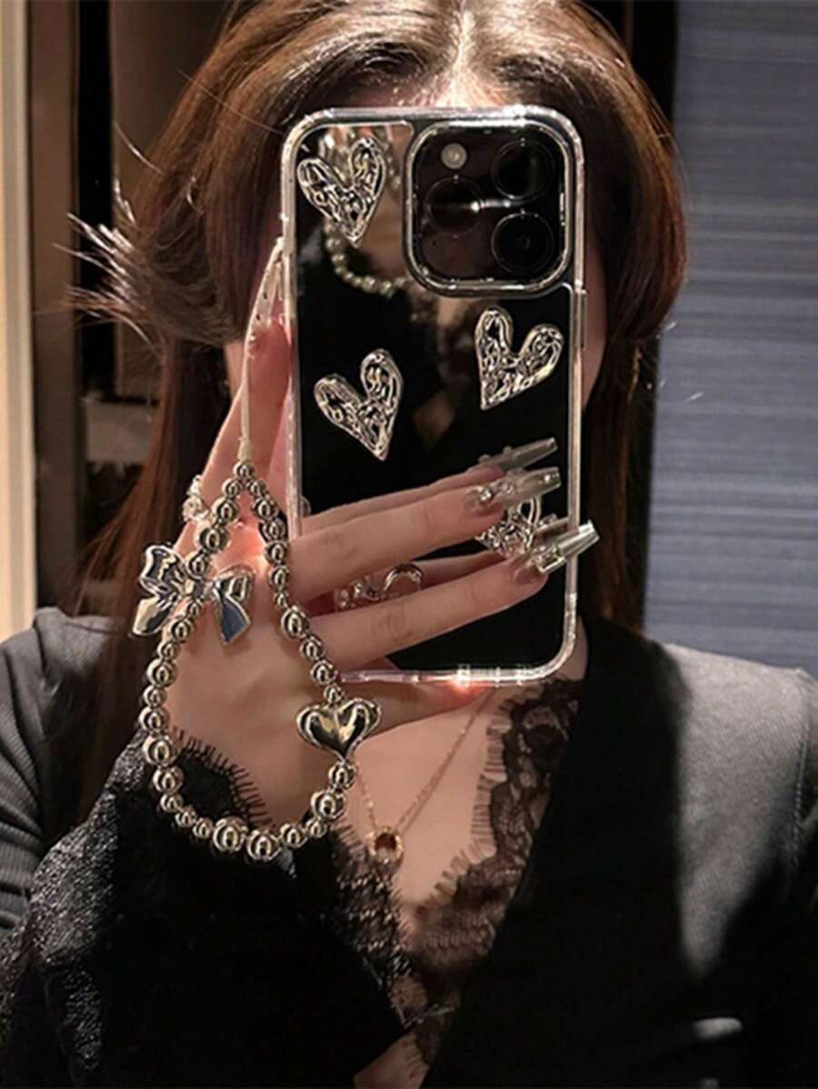 挂绳情人节镜面褶皱心形蝴蝶结手提包链条手机壳，适用于 16/16Plus/16Pro/16Promax、 15/15Plus/15Pro/15Promax、 14/14Plus/14Pro/14Promax、 13/13Pro/13Promax、 12/12Pro/12Promax、 11/11Pro Max，防尘，极具吸引力，时尚防水防震防摔防刮 - 銀色 - 查看 1