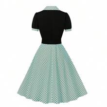 1950 Women Elegant Casual Dot Print Dress Midi Shirt Dress Cocktail Dress With Belt For Women - 綠&黑 - 查看 2