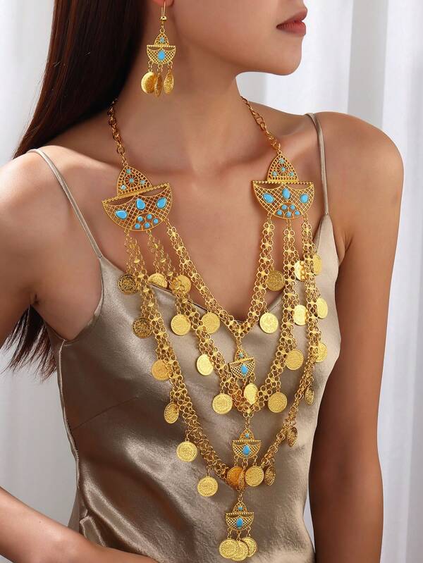 3pcs/Set Fashionable 18K Gold Tassel Necklace, Earrings & Coin Pearl Jewelry Set, Multilayer Party Wedding Jewelry Gifts