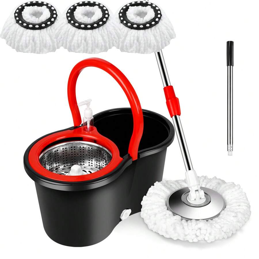 Mop Replace Heads, Mop Handle And Mop Base Replacements, Spin Mop Bucket System With 3 Microfiber Mop Head Refills, 3-Section Stainless Steel Adjustable Handle 36-61in - 彩色 - 查看 1