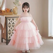 Young Girl Princess Style Mesh Sleeveless Puffy Cake Party Dress - Pink - View 5