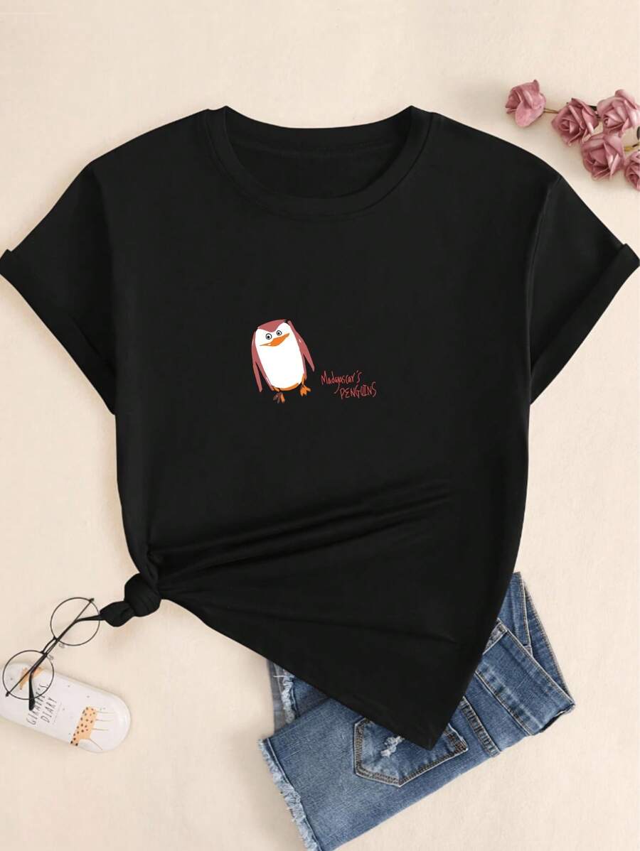 Cartoon T-Shirt Cotton Cute Animal Style T-Shirt Women's Blouse Comfort Soft - 黑色 - 查看 1