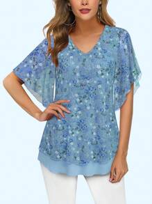 CheersLife 女士休闲优雅双层网纱夏季上衣，短袖V领女士束腰上衣，度假必备 - 淺藍色 - 查看 3