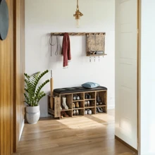 Shoe Bench, Ten Cubbies Storage Entryway Bench With PU Leather, Cubby Shoe Rack Organizer With Adjustable Shelves For Living Room, Bedroom, Vintage Brown - 棕色 - 查看 7