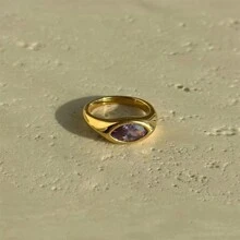 1 件复古 18K 镀金不锈钢彩色锆石装饰单戒指，适合女性日常和婚礼佩戴，礼物 - 鑽戒 - 查看 16
