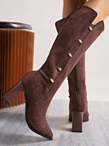 Pointed Toe Chunky Heel Over-The-Knee Boots Women, Zipper Back Metal Buckle, Fashion Long Boots For Fall/Winter - Brown - View 6