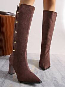 Pointed Toe Chunky Heel Over-The-Knee Boots Women, Zipper Back Metal Buckle, Fashion Long Boots For Fall/Winter - Brown - View 5