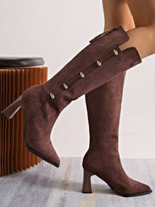 Pointed Toe Chunky Heel Over-The-Knee Boots Women, Zipper Back Metal Buckle, Fashion Long Boots For Fall/Winter - Brown - View 4
