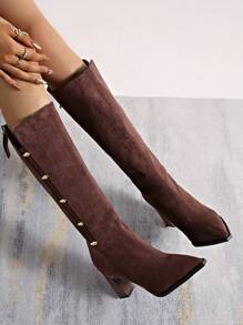 Pointed Toe Chunky Heel Over-The-Knee Boots Women, Zipper Back Metal Buckle, Fashion Long Boots For Fall/Winter - Brown - View 7