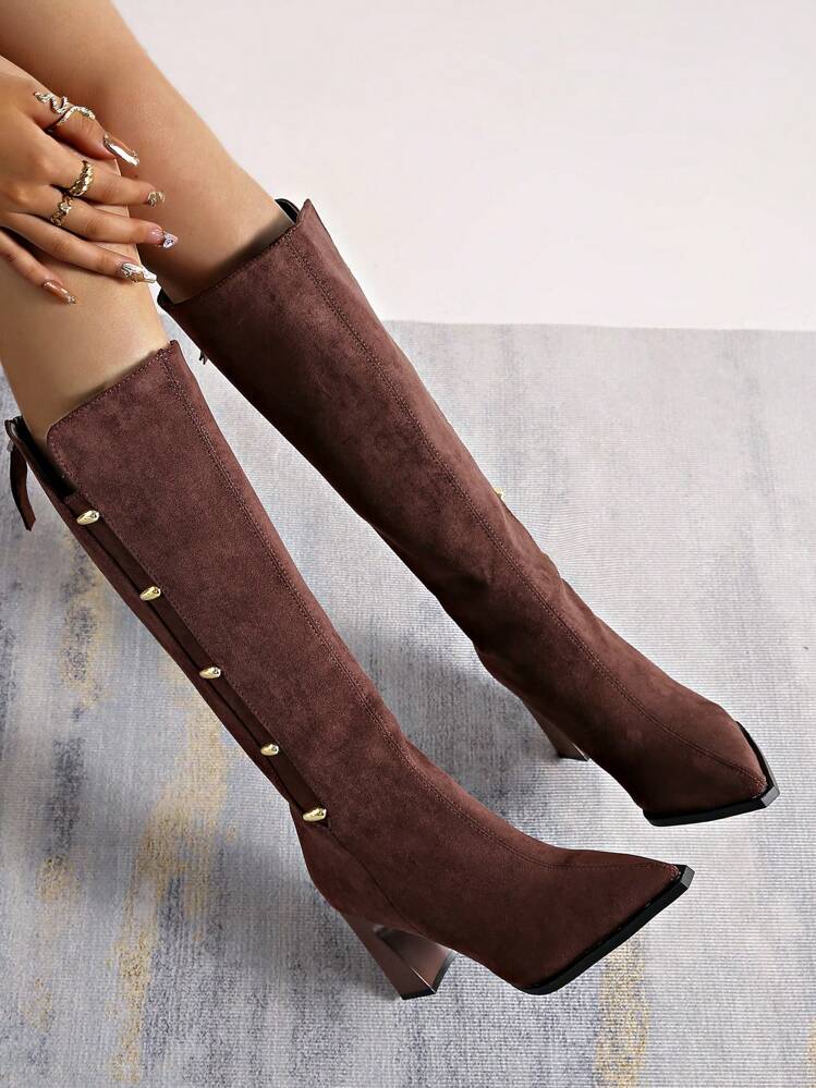 Pointed Toe Chunky Heel Over-The-Knee Boots Women, Zipper Back Metal Buckle, Fashion Long Boots For Fall/Winter - Brown - View 6