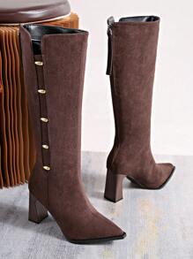 Pointed Toe Chunky Heel Over-The-Knee Boots Women, Zipper Back Metal Buckle, Fashion Long Boots For Fall/Winter - Brown - View 8