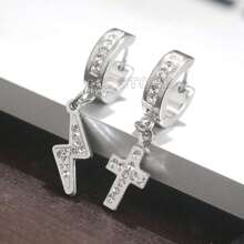 Pair Of Lightning Bolt And Cross Hoop Earrings Studded In Silver Stainless Steel With Small Stones And Cubic Zirconia, Male And Female - 銀色 - 查看 2