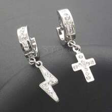 Pair Of Lightning Bolt And Cross Hoop Earrings Studded In Silver Stainless Steel With Small Stones And Cubic Zirconia, Male And Female - 銀色 - 查看 1