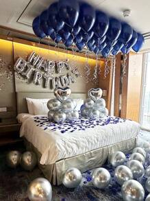44 Stücke/Set 16 Zoll silberner "Happy Birthday"-Folienballon mit Buchstaben, einschließlich marineblauem, silbernem Latexballon und Herz-Folienballon, für englische "Happy Birthday"-Buchstabendekoration, Partyszenendekoration, Geburtstagsfeier, Hintergrunddekoration für Familienfeiern, Hochzeit, Abschlussfeier, Geburtstagsparty-Dekoration, blauer Ballon
