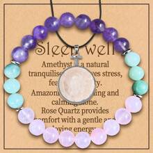 2 件套紫水晶睡眠手链和项链吊坠套装日常佩戴女士精致手链天然紫水晶缓解压力镇静和睡眠适合送给朋友的礼物优雅时尚吊坠 - 彩色 - 查看 1