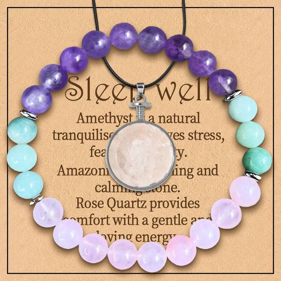 2 件套紫水晶睡眠手链和项链吊坠套装日常佩戴女士精致手链天然紫水晶缓解压力镇静和睡眠适合送给朋友的礼物优雅时尚吊坠 - 彩色 - 查看 1