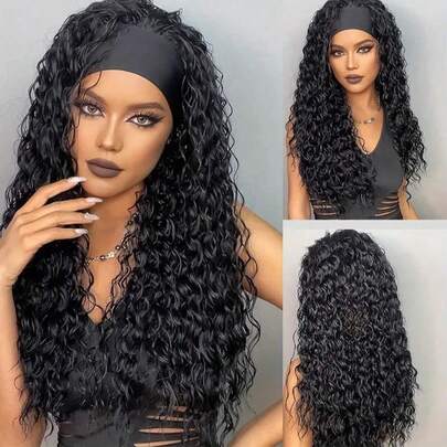 26 "Curly Hair Band Peruca Feminina Ondulada Peruca Preta Com Faixa De Cabeça Sintética Tecido Fibra Química Peruca De Cabelo Longo Encaracolado Para Uso Diário E Halloween Cosplay Moda Natal Meninas