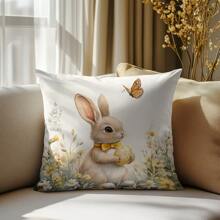 1pc Easter Bunny & Colorful Eggs Print Throw Pillow Cover, Watercolor Style, 17.7*17.7in, Home Decor Cushion Cover For Living Room, Sofa, Bedroom, Inner Pad Not Included