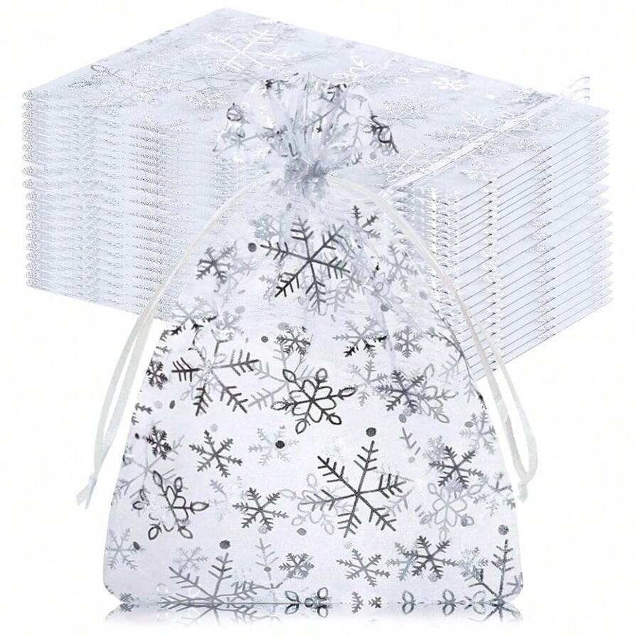 20 pièces Sacs cadeaux en organza argenté avec cordon de serrage, sacs cadeaux de Noël, 5x7 pouces, sacs de fête d'anniversaire Frozen, sacs de fête d'anniversaire thème hiver neige, sacs de friandises pour la Saint-Valentin - Argent - Voir 1