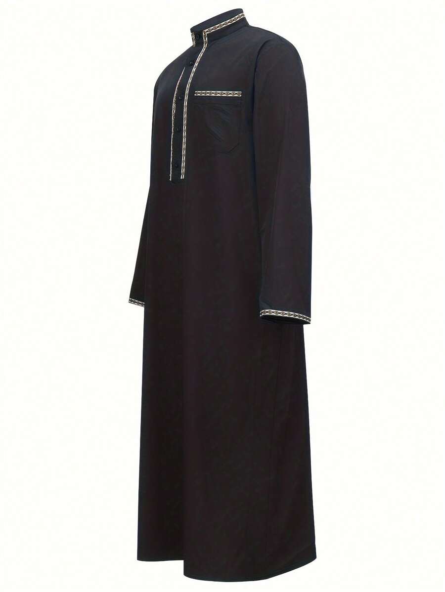 Men's Long Robe With Lace Trim, Long Robe With Long Sleeves And Pockets, Middle Eastern Clothing, Suitable As Gift For Friends And Family