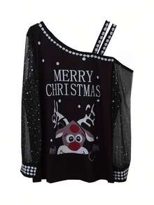 Reindeer Print Mesh Sleeve Open Shoulder Plus Size T-Shirt, Christmas Top