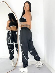 TACTEL SMILE WOMEN'S JOGGER PANTS WITH CHAIN FOREIGN FASHION 2024 - 黑色條紋 - 查看 2