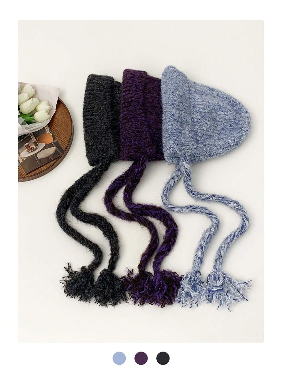 1pc Multicolor Long Tassel Ear Cover Beanie Hat For Women, Warm Knitted Mask Headscarf With Braids, Suitable For Autumn/Winter Winter Christmas Beanie Hat - Multicolor - View 1
