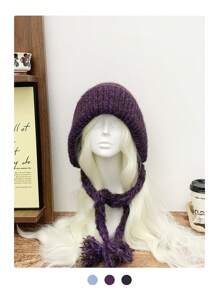 1pc Multicolor Long Tassel Ear Cover Beanie Hat For Women, Warm Knitted Mask Headscarf With Braids, Suitable For Autumn/Winter Winter Christmas Beanie Hat - Multicolor - View 6