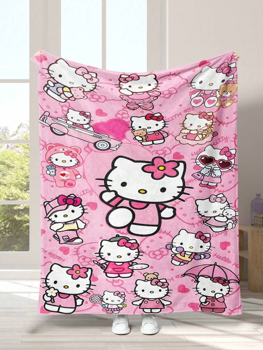 Sanrio 1pc Hello Kitty Cartoon Character Digital Printed Blanket, Warm, Soft, Best Companion For Sofa In Living Room Or Bed In Bedroom - Multicolor - View 1