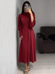 女款純色立領腰帶喇叭袖長袖緞面優雅端莊酒紅色洋裝，適合春秋季與開齋節 - 酒紅色 - 查看 5
