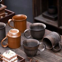 复古陶瓷咖啡杯碟套装，高品质厚陶瓷杯，家用拿铁奶泡杯，情侣水杯 - 棕色-鎏金馬克杯 - 查看 12