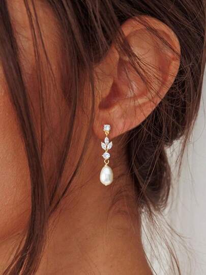 Women's Pearl Earrings, Elegant 14K Gold/Silver Plated Cubic Zirconia Pendant Clip Earrings, Minimalist Daily Pearl Jewelry Gift