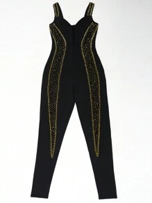 Women's Elegant Crystal Embellished Mesh See-Through Sexy V-Neck Sleeveless Jumpsuit, Fitted Party Wear, Summer - Vàng - Xem 5
