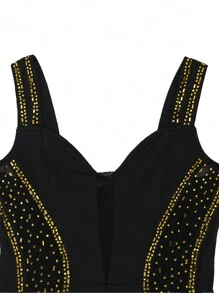 Women's Elegant Crystal Embellished Mesh See-Through Sexy V-Neck Sleeveless Jumpsuit, Fitted Party Wear, Summer - Vàng - Xem 3