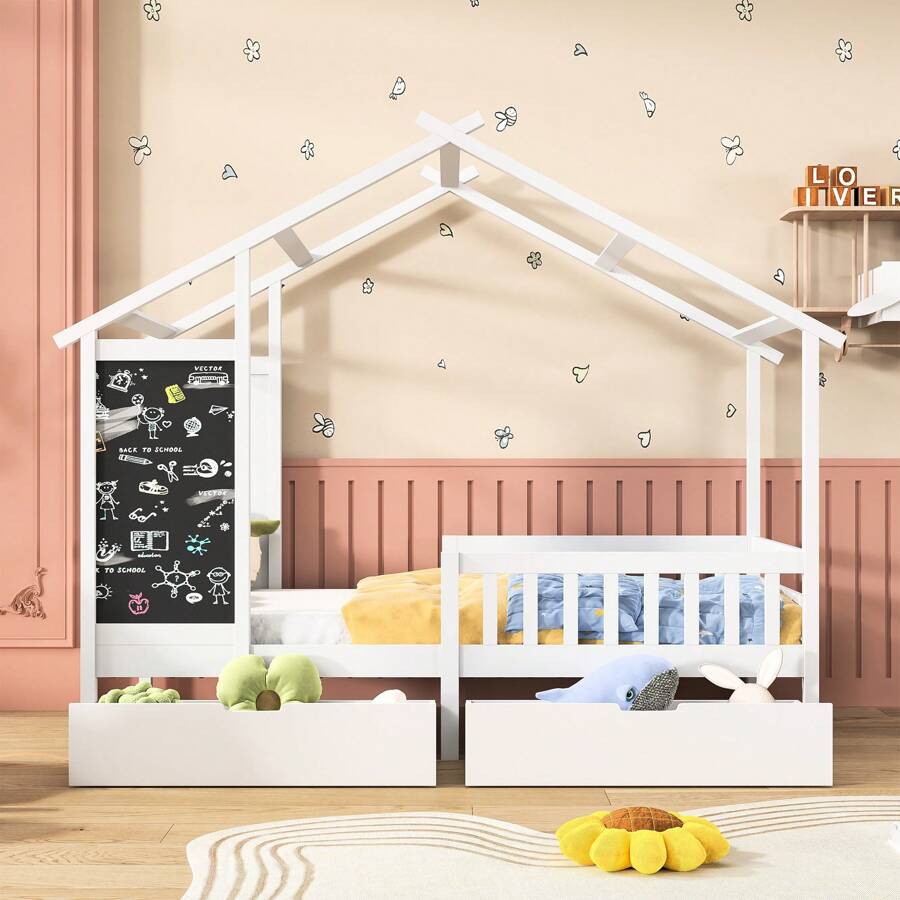Children's Bed 90x200cm, House Bed With 2 Drawers, Fall Protection, Floor Bed, Bed Box, Slatted Frame, White - 白色 - 查看 1