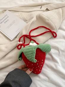 Handmade Crochet Strawberry Bag, Unique Design Hollow Knitted Crossbody Yarn Bag, Cute & Sweet Coin Purse - Red - View 8