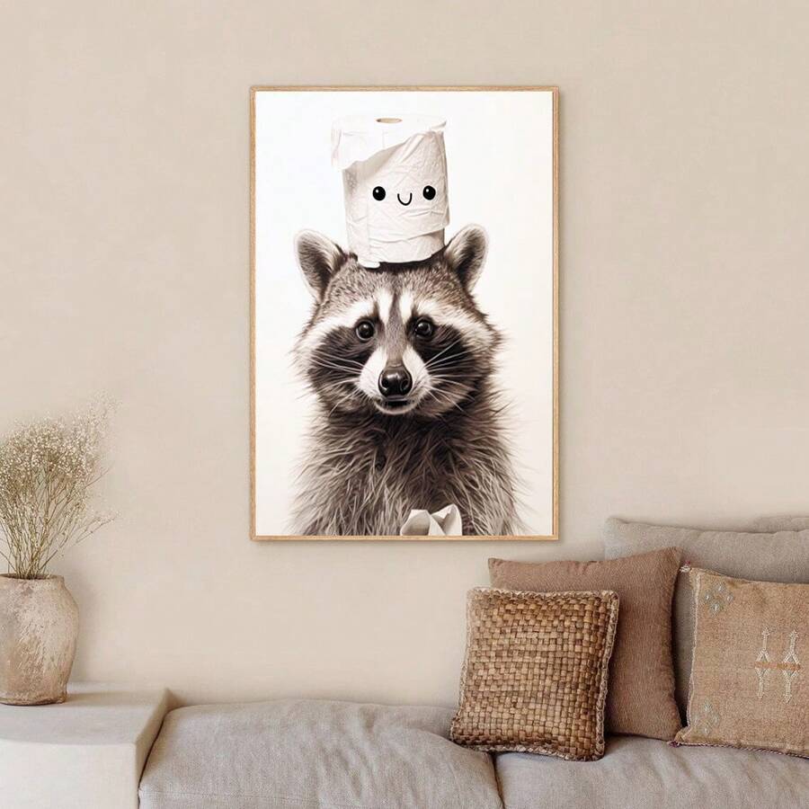一套 1 张无框浣熊浴室墙壁艺术儿童浴室艺术儿童浴室动物浴室装饰浣熊艺术浴室墙壁艺术海报黑白浴室印刷品 - 黑色 - 查看 1