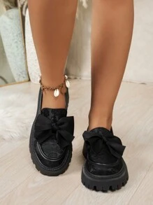 Giày lười đế xuồng nơ đen họa tiết hoa vải canvas phong cách Trung Hoa xỏ ngón mũi tròn giản dị cổ điển Anh quốc tăng chiều cao giày Mary Jane ngày lễ tình nhân - màu đen - Xem 4