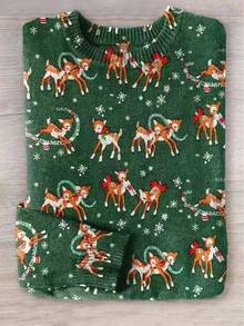 Rundhals-Pullover mit digitalen Drucken, grüner Pullover mit Weihnachtsreh-Muster, modischer leichter Lässig-Pullover mit Allover-Muster, Herbst/Winter