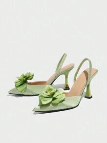 Giày cao gót hở mũi đính hoa cho nữ, thanh lịch và thoải mái cho tiệc cưới, lễ Giáng sinh, mùa thu/đông, màu xanh satin - màu xanh lá - Xem 5