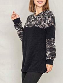 Boho Retro 90's Vintage  Checkered Solid Tie Dye V Stich Pink Mustard Blue Brown Raglan Drop Shoulder Knit Top  Cool Tunic Sweatshirt Pullover - màu đen - Xem 5