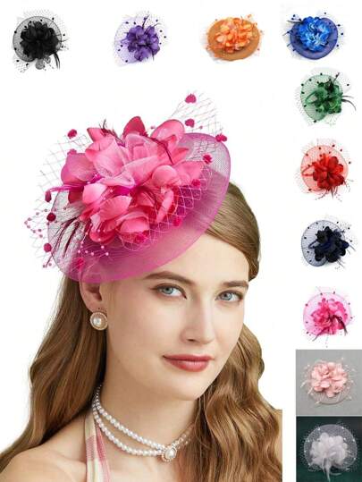 1 Pc Fascinators Hat For Women Tea Party Headband Kentucky Derby Wedding Flower Mesh Hair Clip Valentine's Day Accessories,Summer,Beach
