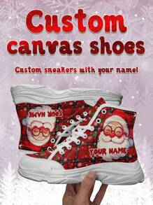 Men's Christmas Canvas Shoes, Santa Claus Designed Lightweight Comfortable Soft Bottom High Top Sneakers For Man, High-Top Skateboard Shoes, Personalized Fun Christmas Gift For Mom/Dad/Her/Him/Girlfriend/Boyfriend/Wife/Husband/Friend - White - View 5