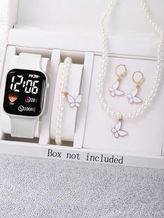 1入組方形數位顯示手錶和4入組耳環項鍊手鍊女孩珠寶套裝