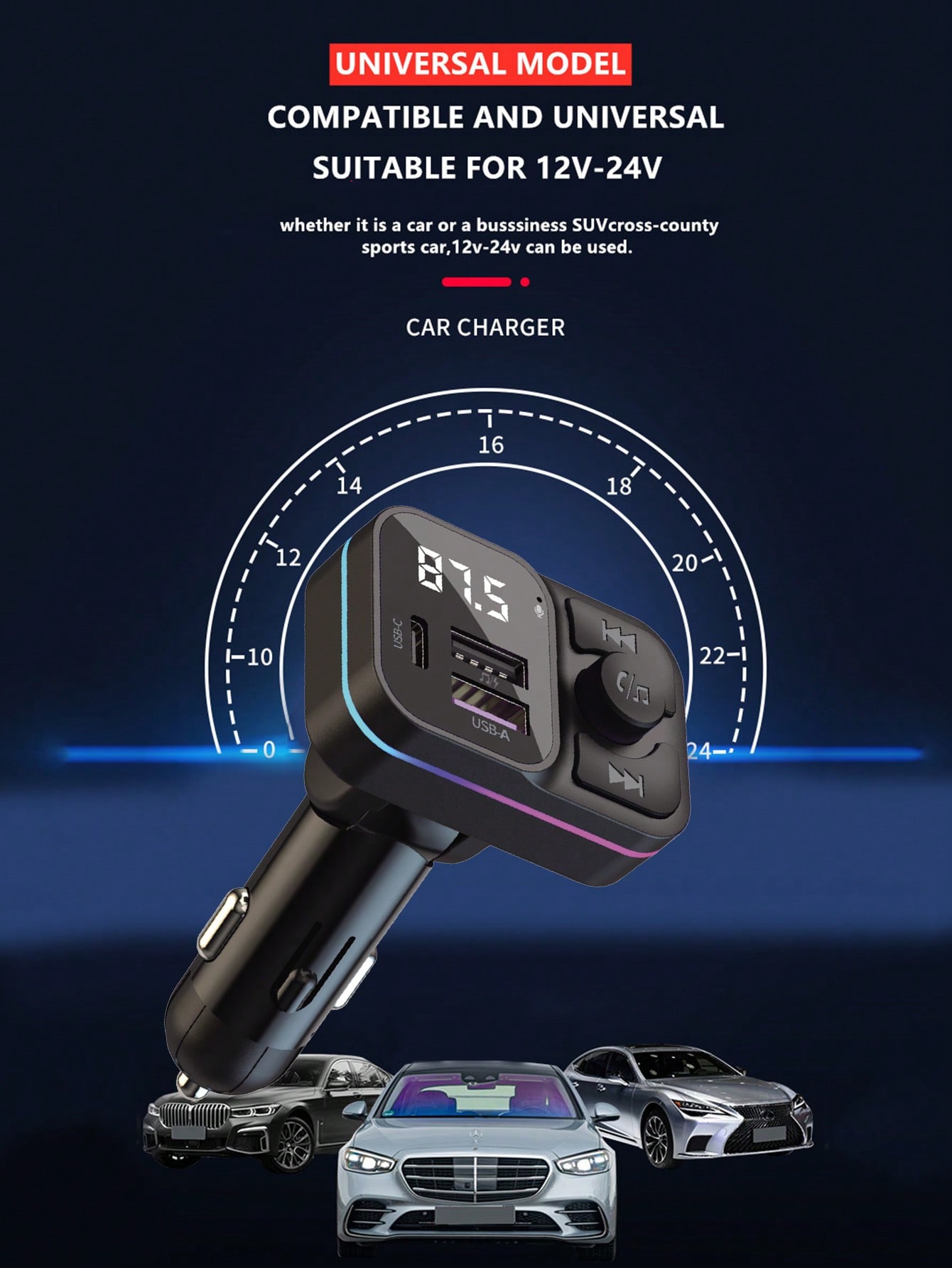 مشغل MP3 لاسلكي وشاحن سيارة متعدد USB 3.1A مع أضوا...