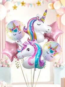 6pcs/Set Giant Rainbow Unicorn Theme Balloon Set, Includes 2 Colorful Unicorn Balloons, Rainbow Balloons, Pink Star Foil Balloons, Suitable For Unicorn Theme Party, Macaron Birthday Party, Engagement, Wedding, Rainbow Unicorn Home Decor And Photo Props - Multicolor - View 1