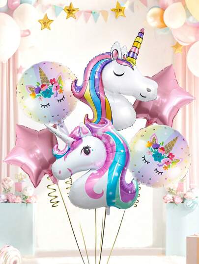 6pcs Giant Rainbow Unicorn Theme Balloon Set, Including 2 Colorful Unicorn Balloons, Rainbow Balloons, Pink Star Foil Balloons, Perfect For Unicorn Theme Parties, Macaron Birthdays, Engagements, Weddings, Rainbow Unicorn Home Decor Photo Props