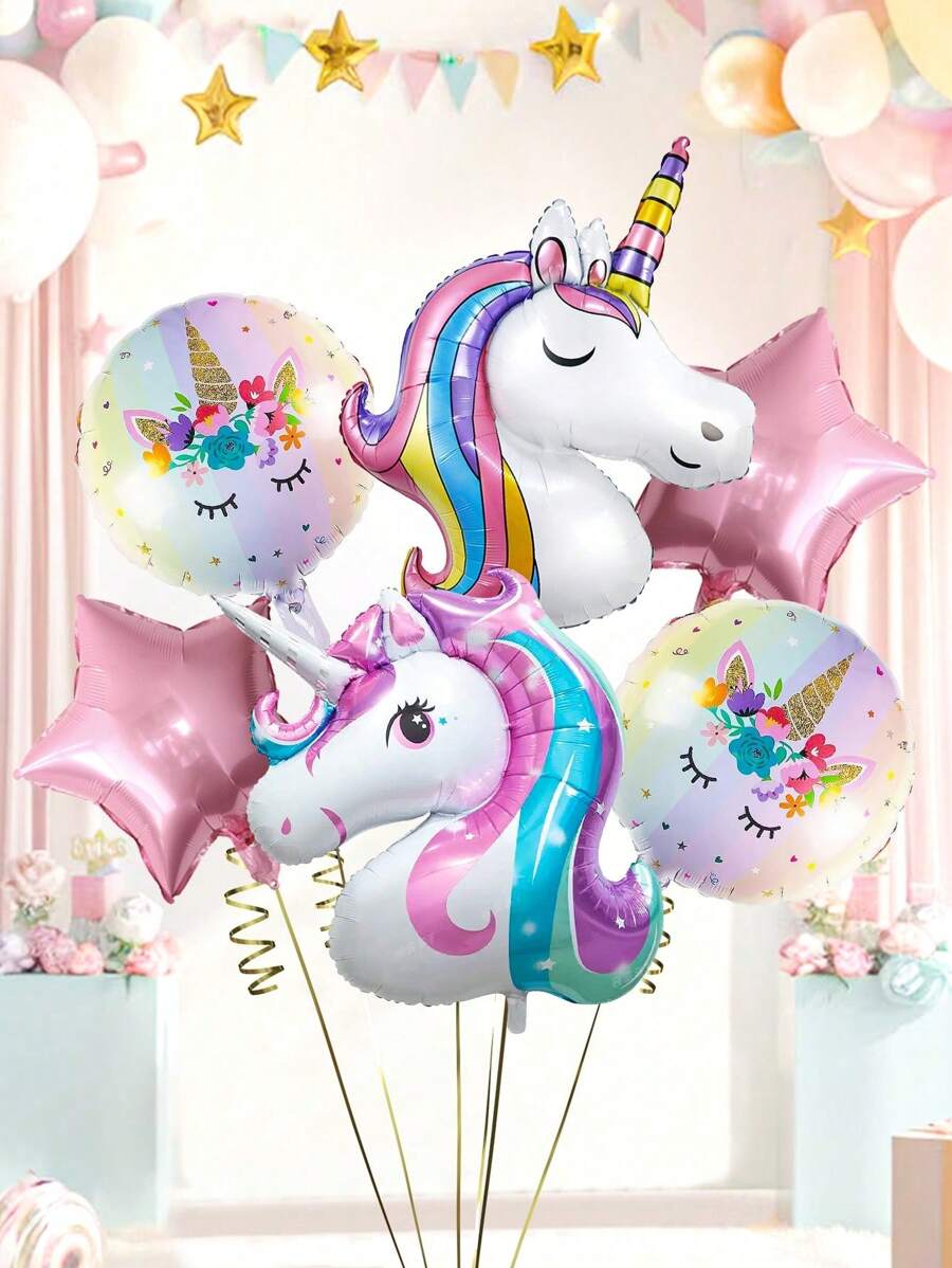 6pcs/Set Giant Rainbow Unicorn Theme Balloon Set, Includes 2 Colorful Unicorn Balloons, Rainbow Balloons, Pink Star Foil Balloons, Suitable For Unicorn Theme Party, Macaron Birthday Party, Engagement, Wedding, Rainbow Unicorn Home Decor And Photo Props - Multicolor - View 1