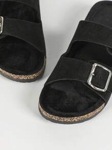 Large Nouvelles mules noires moelleuses, casual pour l'intérieur/extérieur, utilisation en vacances à la plage, mules femmes souples et duveteuses à texture de liège